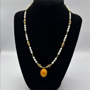 Citrine Freshwater Pearl Swarovski Crystal /Gold Finch Egg Drop Pendant Necklace